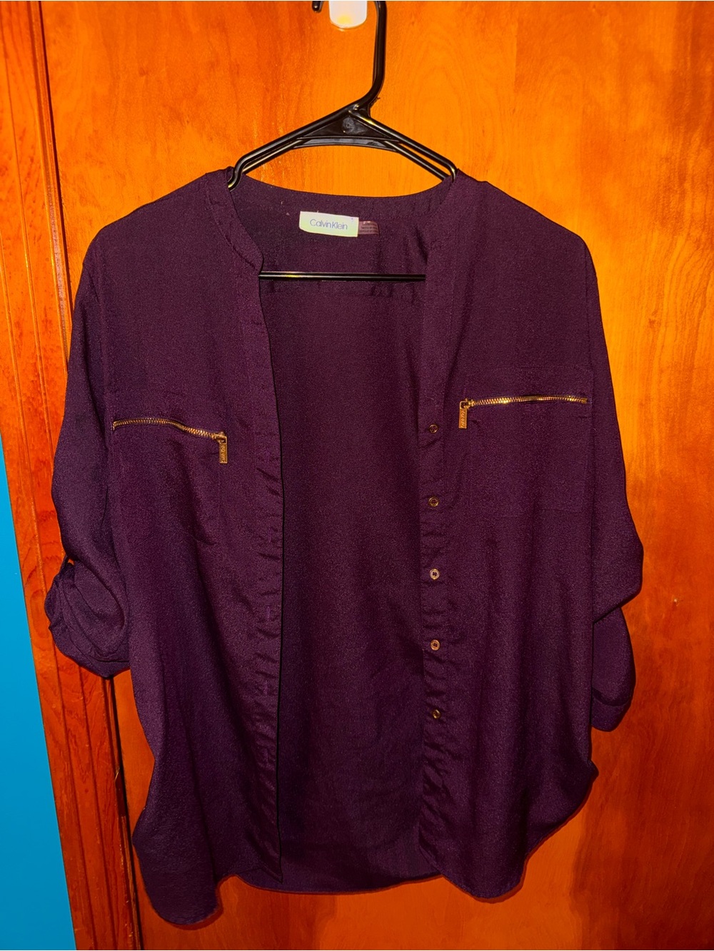 Calvin Klein Deep Purple Button-Front Shirt with Gold Zips